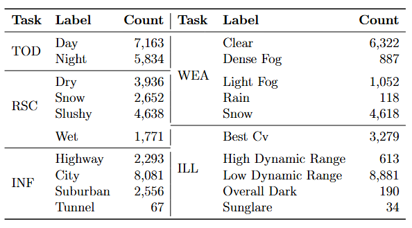 Table of label counts for each task in the DENSE-QA dataset. Numeric values are shown in the figure.